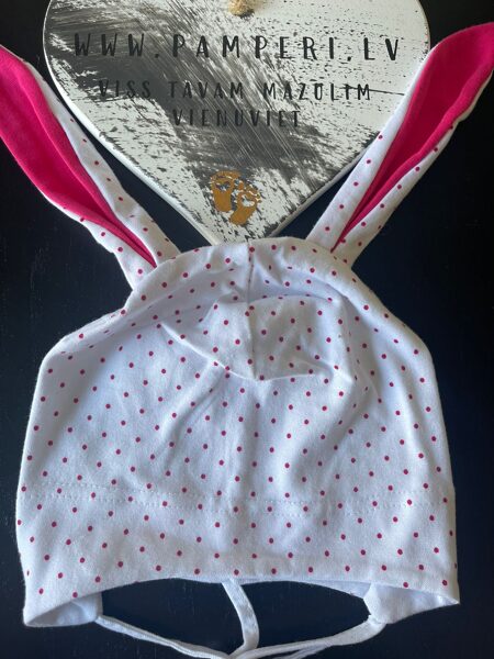 #CEPURE/sasienama/ar ausīm/kokvilna/46cm/balta ar rozā punktiem, tumši rozā ausis