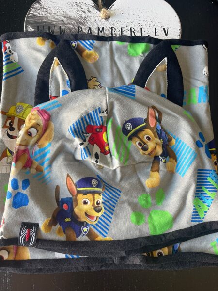 #Cepure ar tuneļšalli/ķepu patruļa/peleka ārpuse,melna iekšpuse/54cm/ar AUSĪM