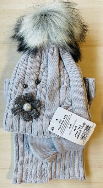 #Cepure+tuneļšalle gaiši pelēka, adīta ar bumbuli/pērlēm/pušķi 48-50 cm 