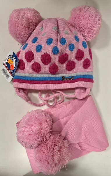 #Cepure/50-52/ar šalli, rozā ar pumiņām/2 bumbuļi/sasienama