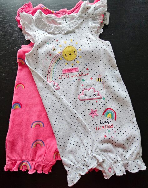 # romperi 2 gab 80cm/9-12mēn/ rozā ar varavīksnēm un balts ar punktiņiem un zīmējumiem