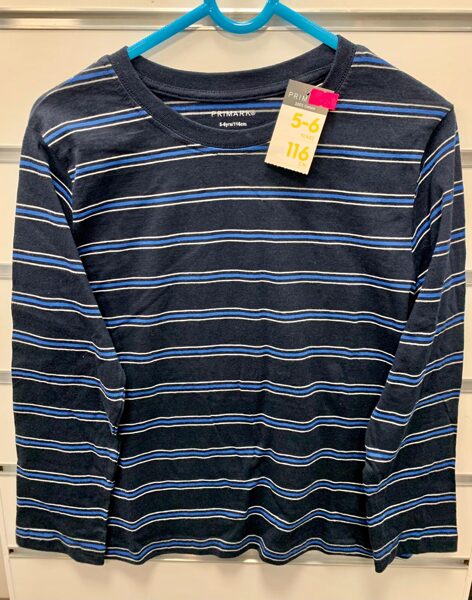 T Krekls garās rokas tumši zils ar gaiši zilu un baltu strīpu 116 cm 5-6 g