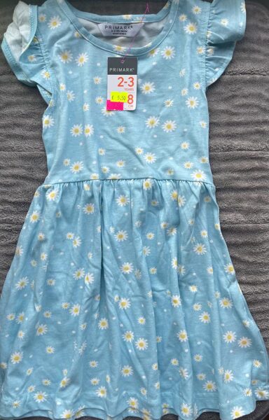 # vasaras kleita ar īsām rokām, 2-3 gadi/ 98cm gaiši zila ar baltiem ziediem