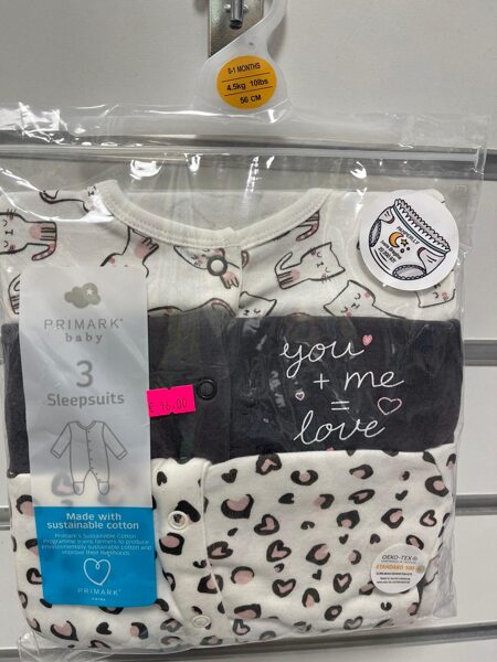 Pidžamas (slipiji) 3gb/0-1 mēn./56cm/Balts ar kaķiem+Melns-you+me=love+Balts ar sirsniņām.