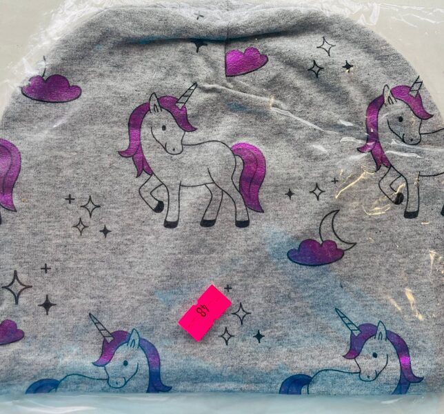 #IELM/pavasara cepure/pelēka ar vienradzi/dubultais audums/48cm/9-12m