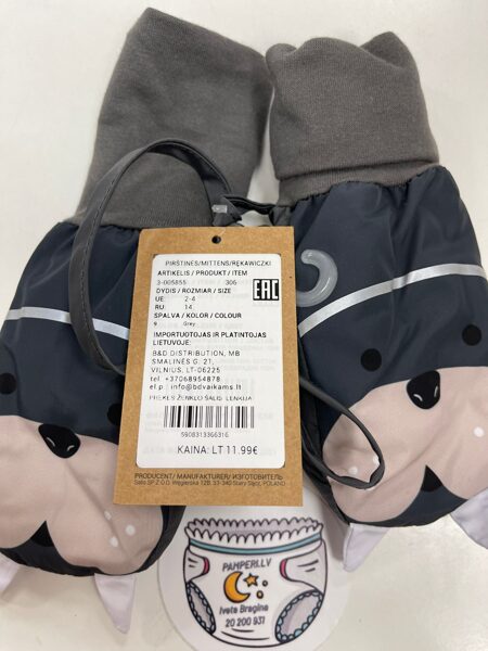 #TuTu cimdi pelēki ar elastīgu valnīti, suņa prints, ar aukliņu 2-4 gadi/pagarināti